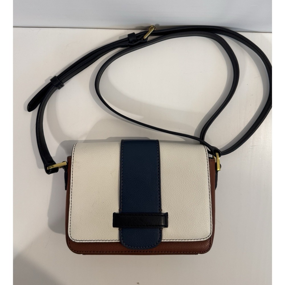 Fossil‎ Leather Colorblock Crossbody Bag Classic Preppy Navy Cream Cognac